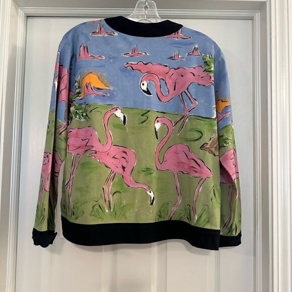 Vintage 80's Silkscapes Jacket Flamingos hand painted small - Picture 2 of 3
